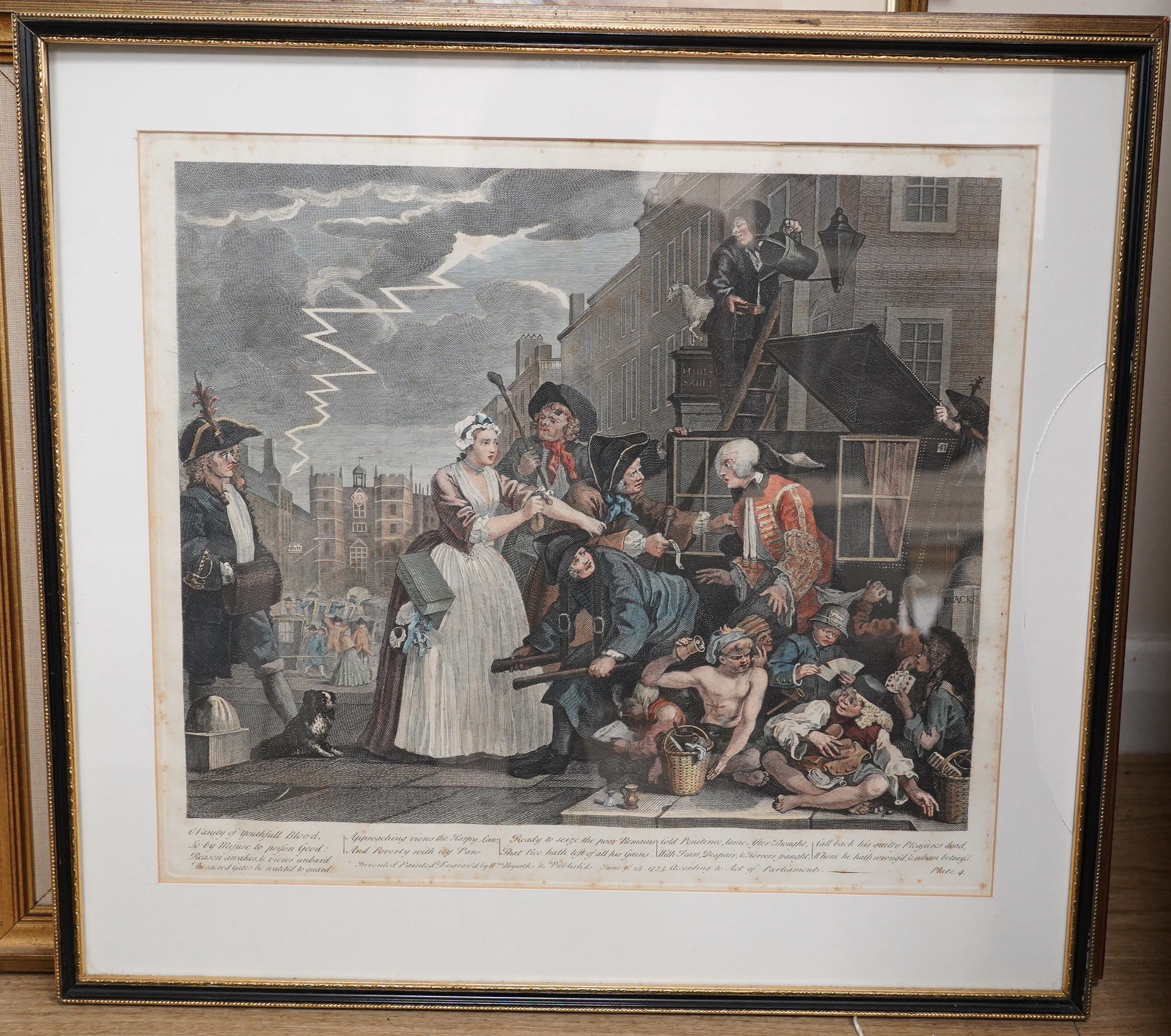 After William Hogarth (1697-1764), Eight satirical hand coloured engravings, ‘The Rakes Progress’, published June 25th 1735, largest 36 x 41cm. Condition - poor, fair, foxing throughout